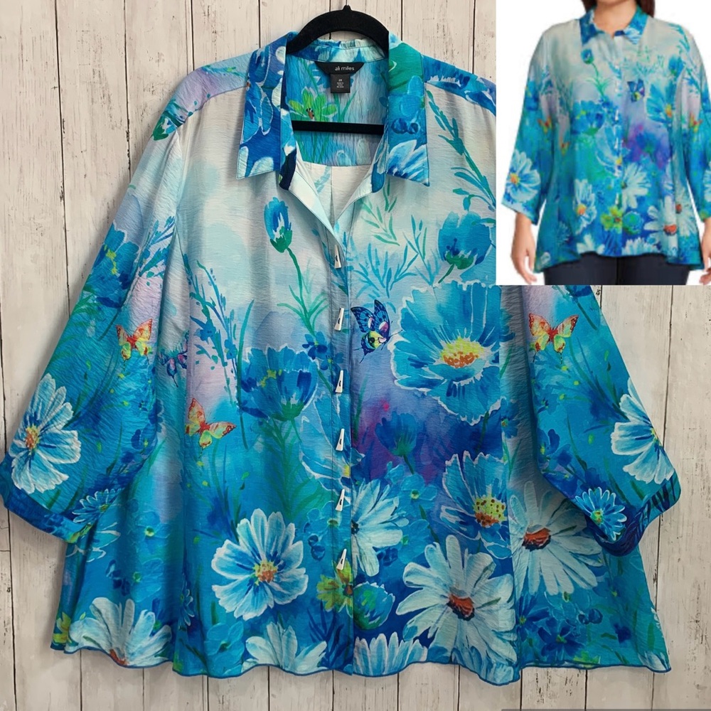 Ali Miles Blue Floral Butterfly Print Button Up Tunic Top Women's Plus Size 3X